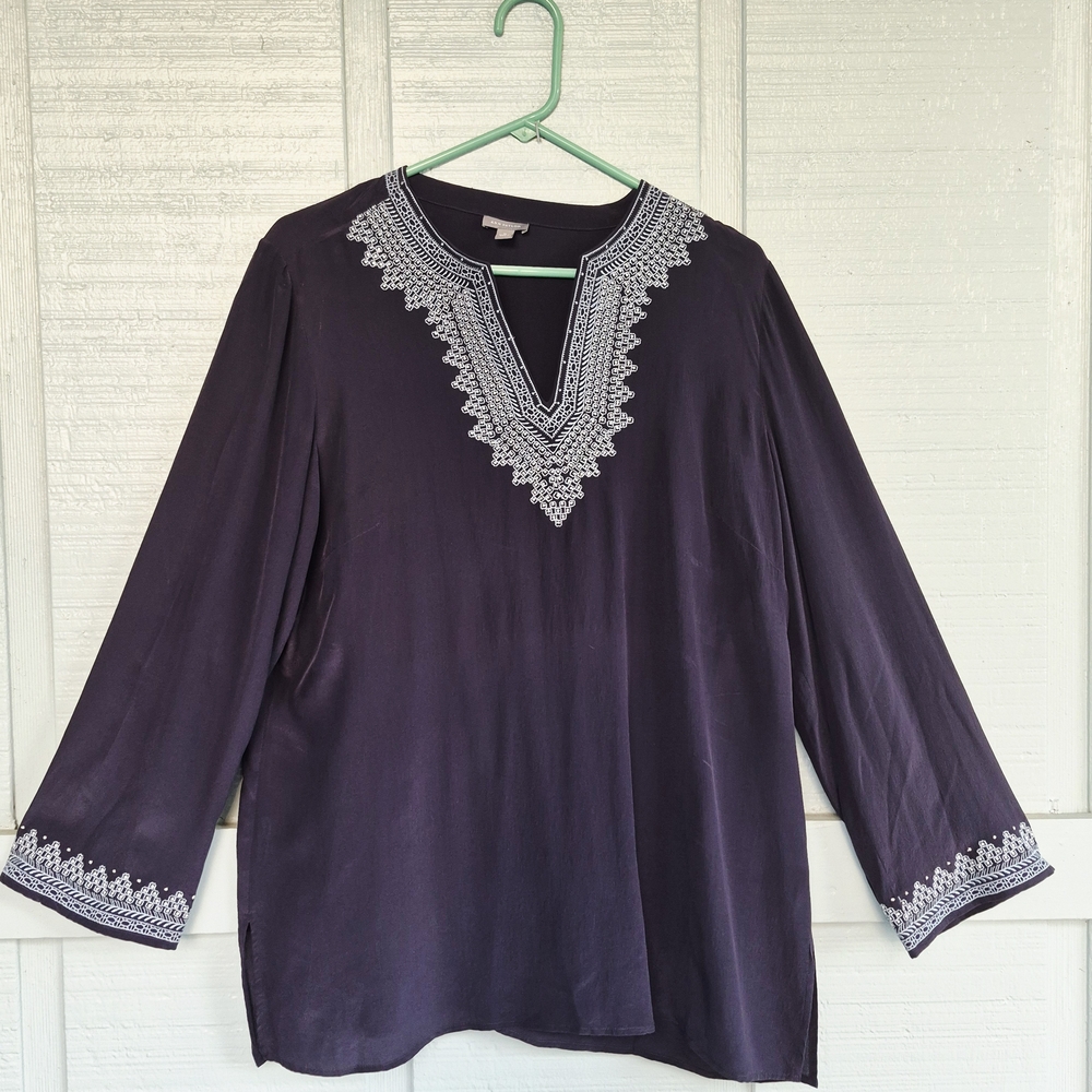 Ann Taylor Navy Blue Silk Tunic with White Embroidery L/S XL Resortwear Classic